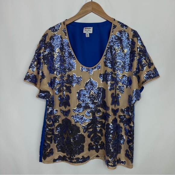 Tracy Reese x Neiman Marcus Blue Sequin Short Sleeve Blouse Top XXL - Picture 4 of 11